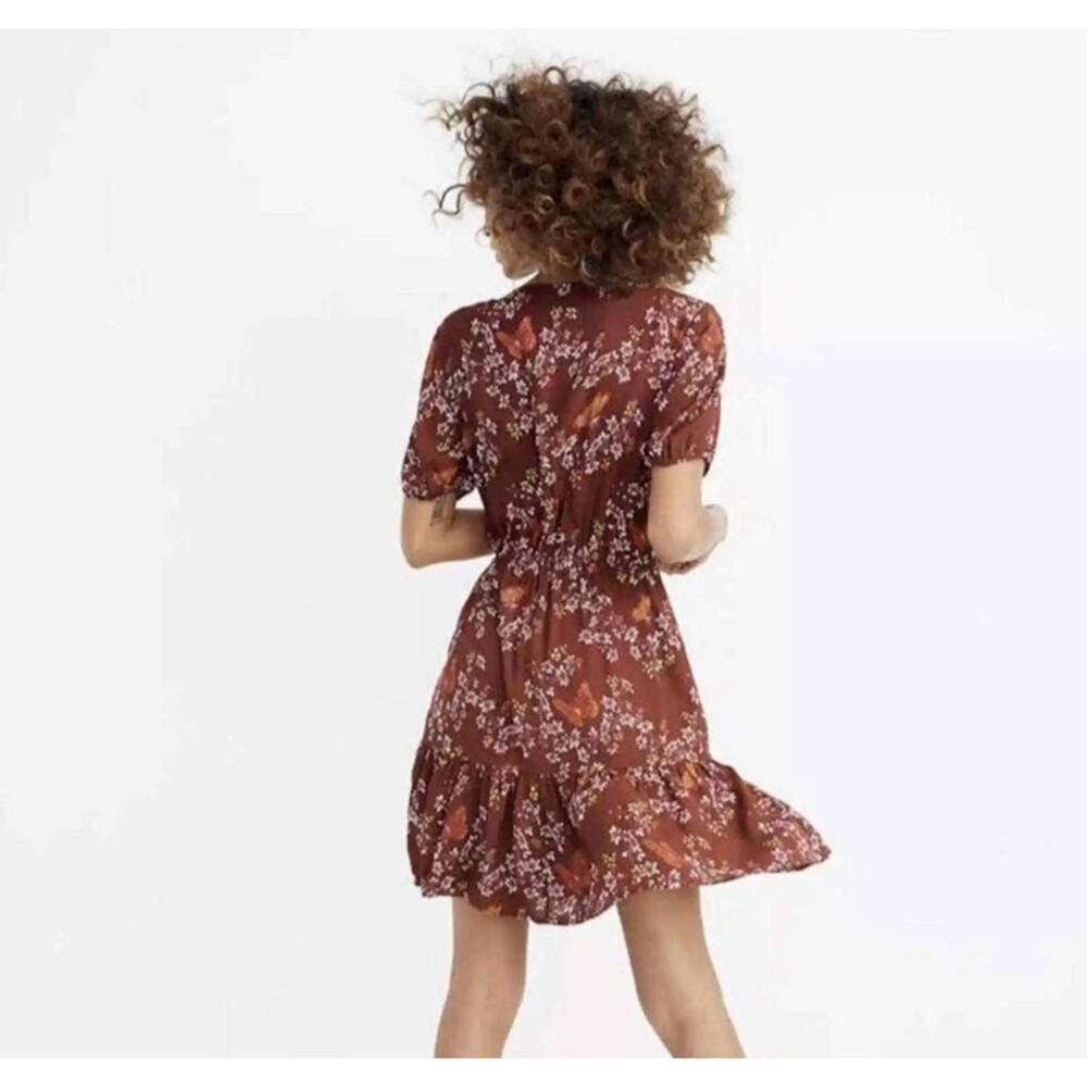 Madewell Ruffle Wrap Dress Windowbox Floral Butterfly Burgundy Short Sleeve 6 - Picture 6 of 9